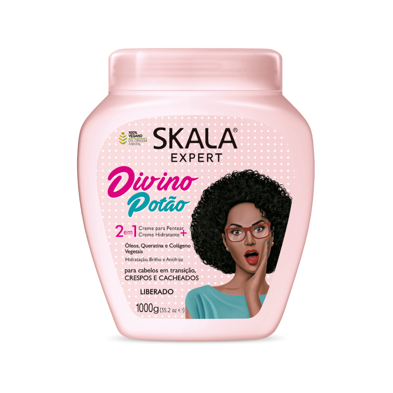 Divino Potato, ideal para cabello crespo, afro y en transición. Define, da brillo y contiene aceite de ricino, argán, queratina y colágeno vegetal. Aplicar como crema para peinar o tratamiento, dejar por 3 minutos y enjuagar al 100%. Es ligero, pero no mágico. Libre de crueldad y vegano.