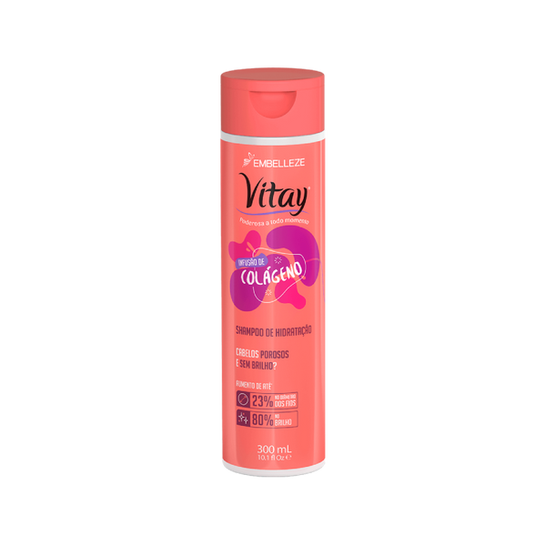 Soy la infusión de proteína para tu cabello! Soy el Vitay Infusión de Colágeno. Aunque mi empaque sea rosa, en mi interior encontrarás una poderosa mezcla de colágeno vegetal, aminoácidos y proteínas. Si has sometido tu cabello a procesos químicos y necesitas reparación, definitivamente debes usarme. No solo limpiaré tu cabello, sino que también lo dejaré suave y revitalizado.