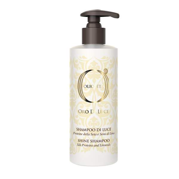 Soy el Shampoo Oro di Luce, no necesito ser de oro para brindarte un brillo increíble en tu cabello. Con proteína de seda y semillas de lino, nutro y embellezco tu pelo, dejándolo saludable y radiante. Descubre el brillo que tanto deseas conmigo.